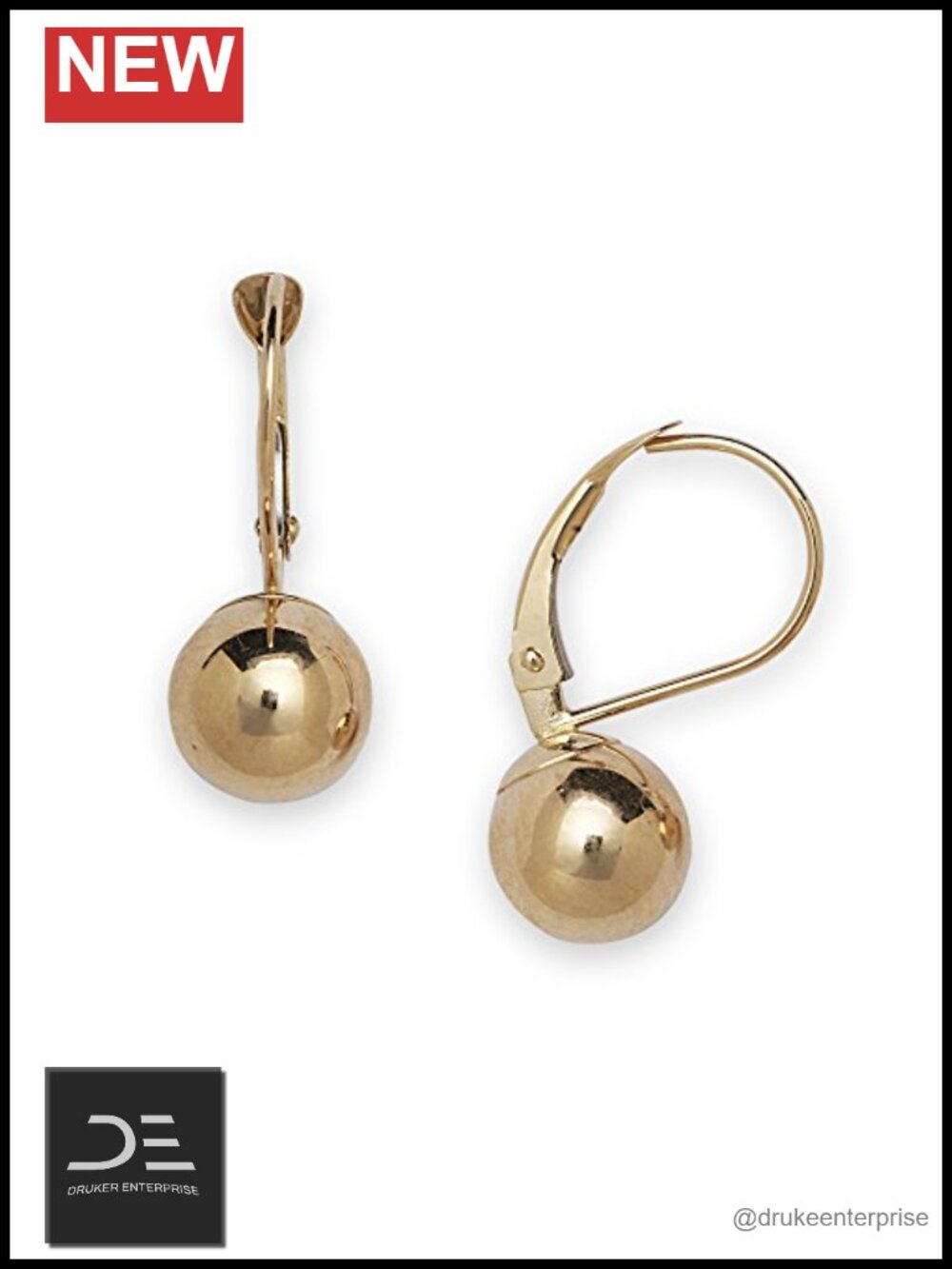 14k Yellow Gold Lever Back Ball Earrings Dangle Hypoallergenic Women